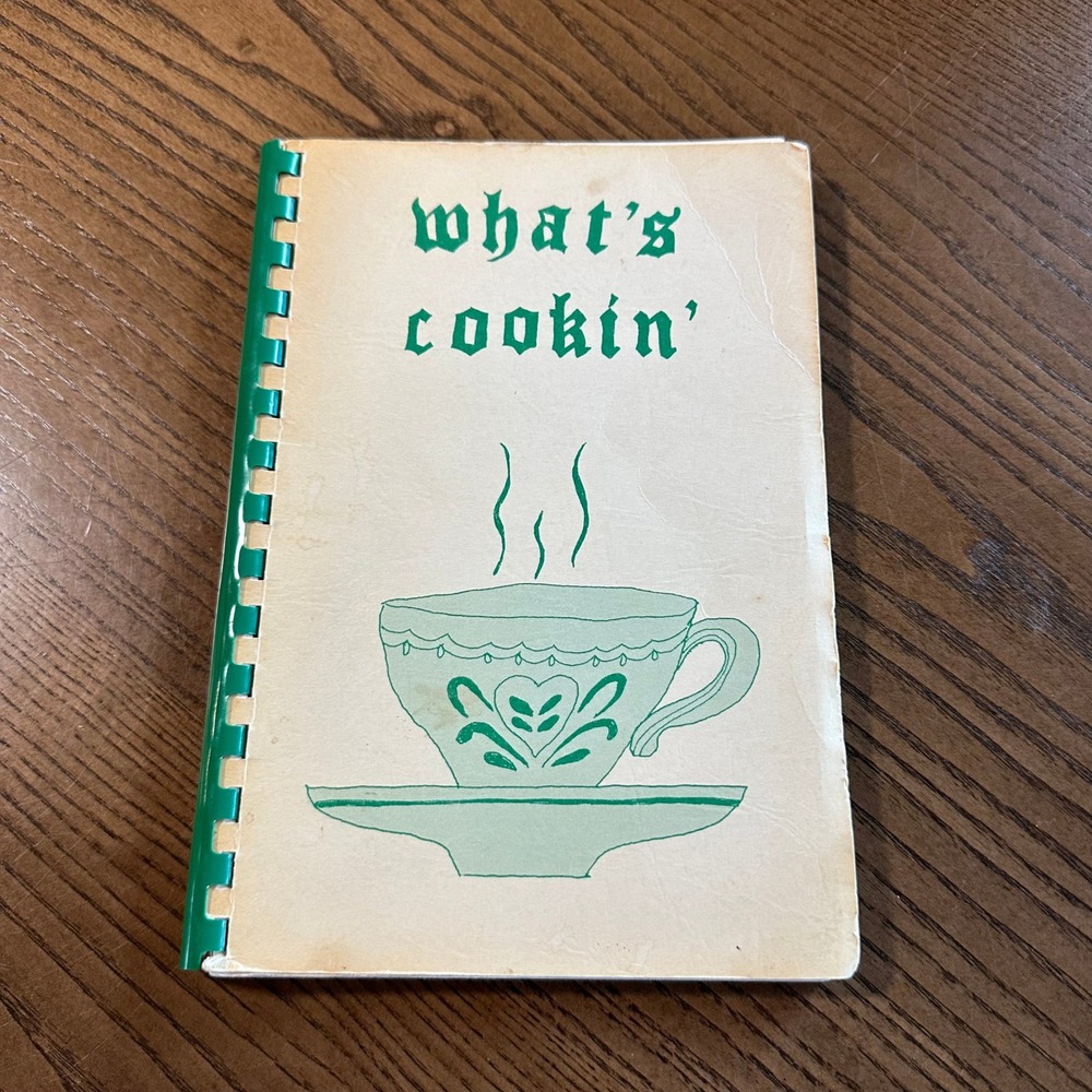 Vintage Whats Cookin Community Cookbook Plastic Comb Binding Green Teacup Design